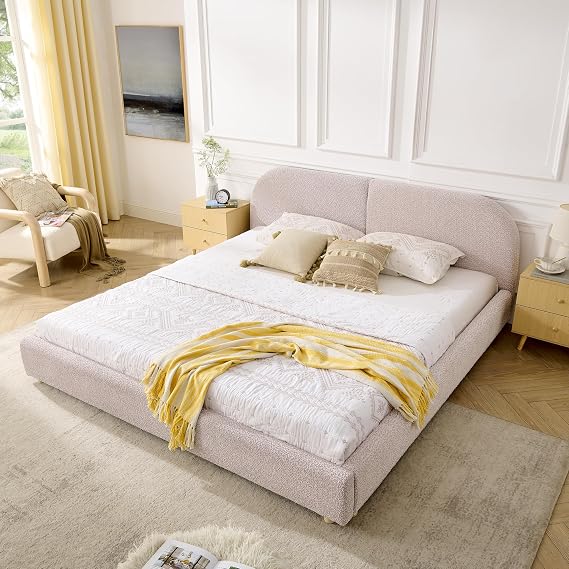 RuiSiSi King Size Upholstered Platform Bed with Curved Shaped Headboard, Upholstered Cloud Platform Bed with Sturdy Leg Support, No Box Spring Needed, Easy Assembly, Pink
