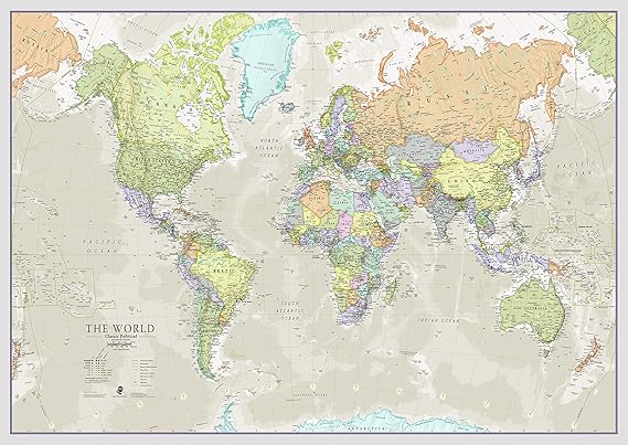 World Map Classic Style - Front Sheet Lamination - Cartographic Detail (A0 33 (h) x 47 (w) inches)