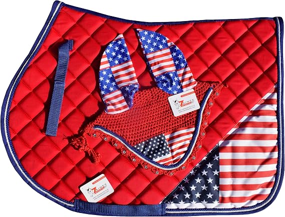 USA Flag Saddle Pad Set with Matching Ear Bonnet Print Horse Riding Gear Non-Slip/Breathable Western/English Show