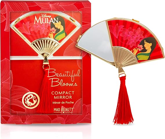 MAD Beauty Disney Mulan Compact Mirror | Cruelty-Free Cosmetics | Vibrant Red Beautiful Blooms Fan Design with Tassels | Gifts for Women, Adults, and Kids