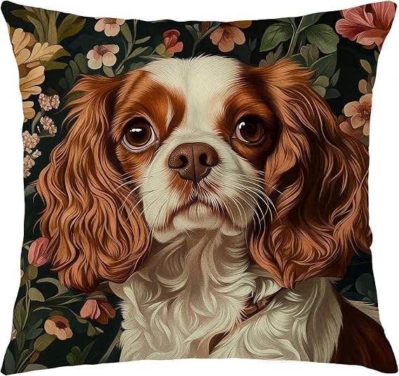 William Morris Inspired Cavalier King Charles Spaniel Floral Decor Pillow Covers 18x18,Rustic Botanical Springer Spaniel Animal Print Decorative Throw Pillow Covers for Home Bedroom Living Room