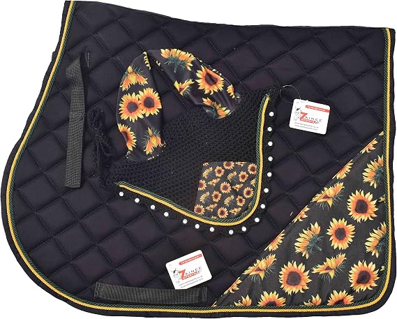 Sunflower Print Saddle Pad Set + Matching Ear Bonnet Equestrian Riding Gear Horse Show Accessories Dressage, Hunter/Jumper