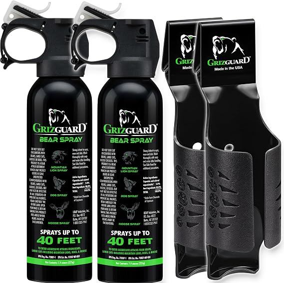 Griz Guard Bear Spray W/Holster 40 ft Range, Maximum Strength, EPA-Registered Spray for Bears, Mountain Lions, Coyotes, Dogs, Moose, Outdoor Hiking & Camping Protection, Glow Safety, 7.9 oz 2 Pack