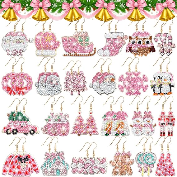 24 Pairs Christmas Diamond Painting Earrings Kit 5d DIY Making Kit, Pink