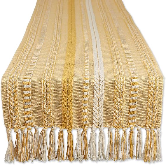 DII Farmhouse Braided Stripe Table Runner Collection, 15x72 (15x77, Fringe Included), Honey Gold