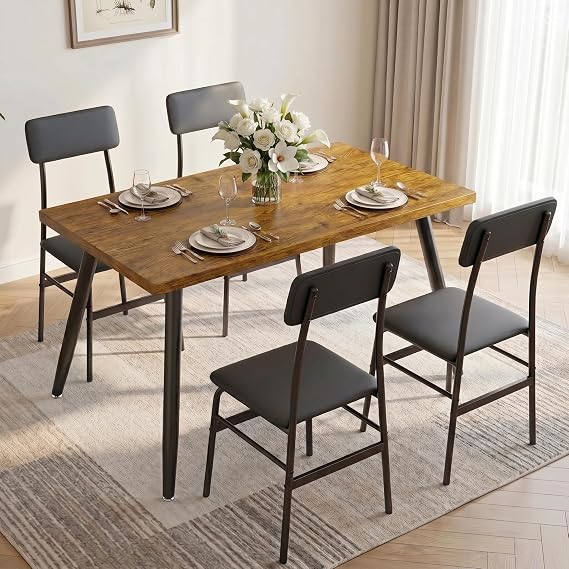 Gizoon 5 Piece Dining Table Set for 4, Modern Metal & Wood Kitchen Dinner Table with 4 Chairs, Space-Saving Dining Room Furniture Table & Chair Sets for Small Spaces & Apartment, Rustic Brown