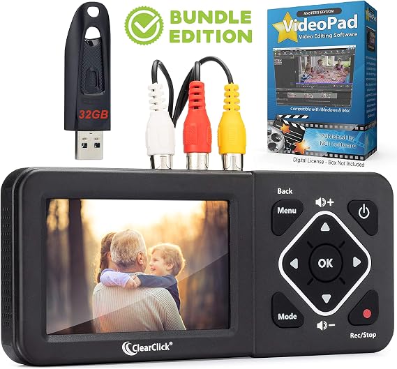 ClearClick Video to Digital Converter 2.0 (Second Generation) - Record Video from VCR's, VHS Tapes, AV, RCA, Hi8, Camcorder, DVD, Gaming Systems (Bundle) [Requires Working VCR/Camcorder & Tapes]