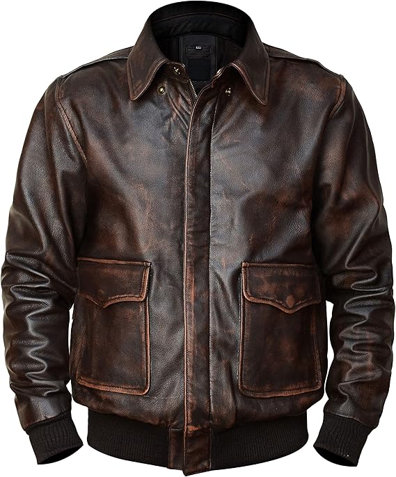 Mens A2 Leather Jacket WWII Air Force Flight Pilot Aviator Distressed Brown Bomber Leather Outerwear, Large (Down)