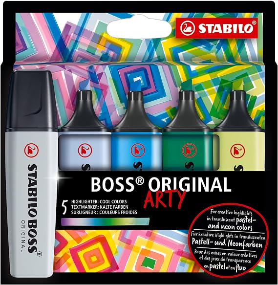 STABILO Highlighter BOSS ORIGINAL - ARTY - Pack of 5 - Cool Colors, Chisel Tip, Anti-Dry Out Technology