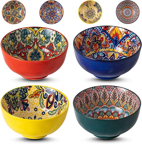 Bohemian Bliss 4.5-Inch Ceramic Bowls, Set of 4 - Colorful Dip Bowls, Salad Bowls, Snack Rice Bowls with Handcrafted Artisan Prints, Dishwasher & Oven Safe