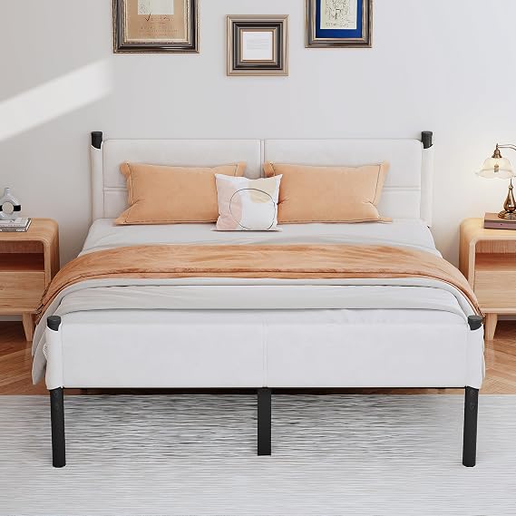 Metal Bed Frame, 14" Queen Size Bed Frame with Storage Space, Heavy Duty, Sturdy Mattress Foundation, Easy to Assemble, No Box Spring Required, Queen White