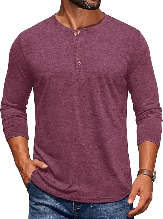 PEGENO Men's Fashion Casual Front Placket Long Sleeve Henley T-Shirts Cotton Shirts