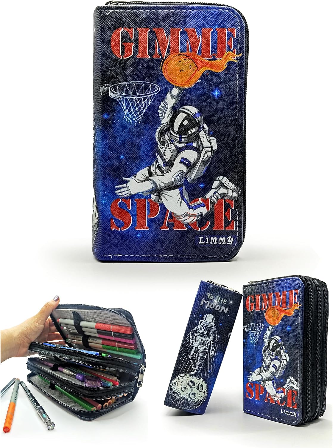 Limmy Pencil Case Astronaut Basketball Pattern Organizer Pencil Case Vegan Leather Three Compartment Pen Holder