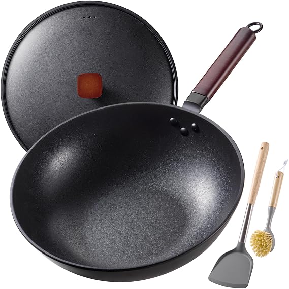 Teewe Carbon Steel Wok, 13" Woks & Stir-fry Pans Nonstick with Lid | Pre-Seasoned Flat Bottom Chinese Wok, Wok Pan with Spatula and Dish Brush for Induction, Electric, Gas, All Stoves