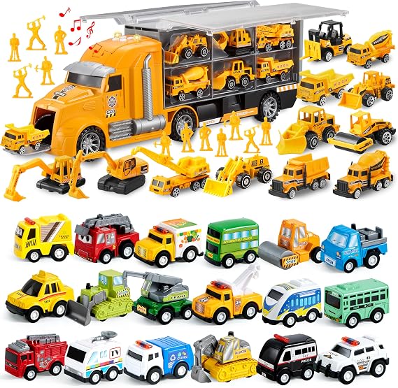 JOYIN 25pcs Die-cast Construction Play Vehicle Set with 18 Piece Pull Back City Cars and Trucks Toy Vehicles Set Model Car, Carrier Truck with Sounds and Lights, Birthday Gifts for Over 3 Years Old Bo