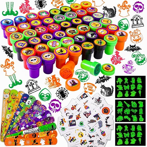 Halloween Party Favors for Kids - 350pcs Halloween Treats Bulk for Kids | Halloween Goody Bag Fillers including Stamper Tattoos Slap Bracelets Prizes for Classroom Reward Non Candy Party Supplies