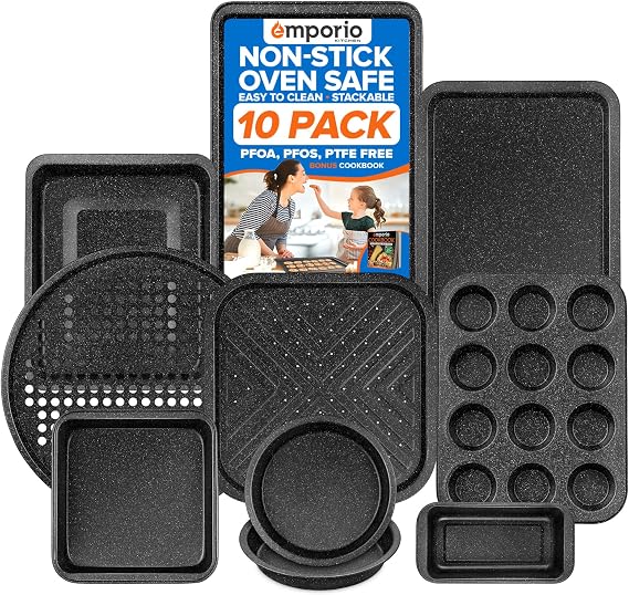 Emporio Kitchen Stackable Baking Pan Set - Nonstick Gray Marble Coating, Carbon Steel Bakeware Sets, PFOA, PFOS, PTFE Free, Recipe Booklet Included, Oven Safe Tray (Up To 450 F), Set of 10 - Gray