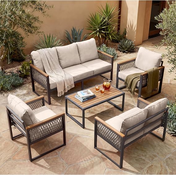 UPHA 5-Piece Metal Patio Furniture Set with Coffee Table, Beige