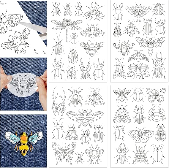 GLOBLELAND 4 Sheets Insect Water Soluble Embroidery Pattern 8.311.7 inch