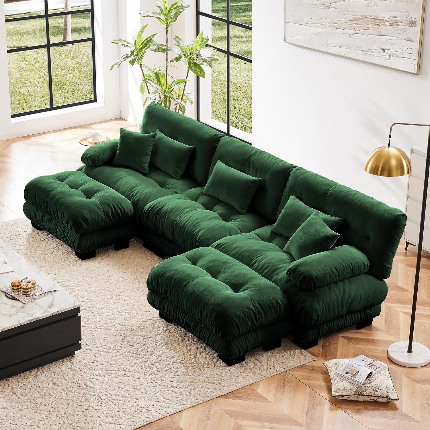 Oversized U-Shaped Modular Sectional Sofa Couch with 2 Removable Ottomans, Deep-Seat Cloud Couch 133.8 Extra-Wide Living-Room Sofa Set, Flexible Layout for Home, Apartment or Studio, Green