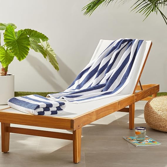 Amazon Basics 100% Cotton Soft & Absorbent Beach Towels, Cabana Stripe, Fast Drying, Machine Washable, Large 30 in x 60 in, Navy Blue, 2-Pack