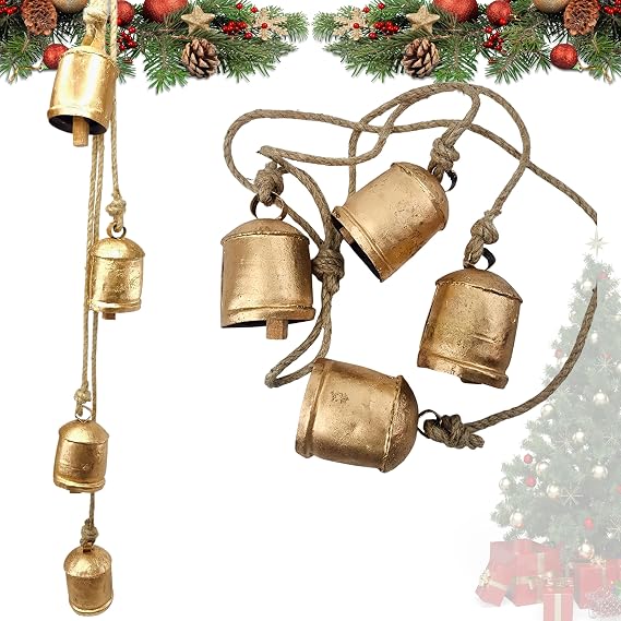 Harmony 4 Cow Bells Cluster on Rope Large Rustic Vintage Lucky Cow Bells On Rope Wall Hanging Decor