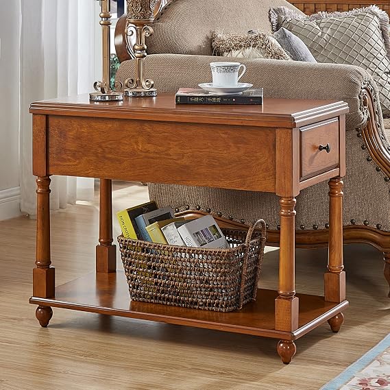 End Table with Drawer and Open Shelf,Big Sofa Side Table with Storage,Square Chair Side Table, 31''x 15'' x 25'', Cherry.
