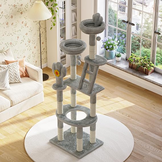 72in Cactus Cat Tree for Large Cats, Tall Cat Tower, Gray