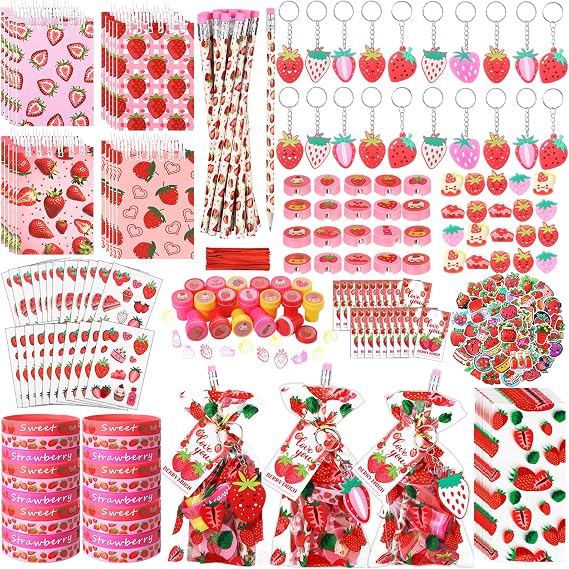 Sayglossy 171 Pcs 12 Guests Strawberry Party Favors Includes Gift Bags Pencil Notebook Sharpener Bracelet Rings Keychain Puffy Stickers Stamper for Baby Shower Birthday Party Filler Reward