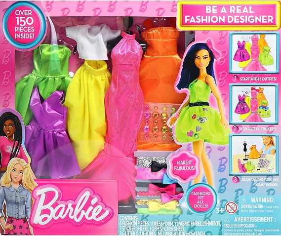 Barbie Be a Fashion Designer Kit - 5 Outfits & DIY Doll Dress Up Set | Create custom styles with glitter, ribbons, and bows. Crafting activity set includes stickers for creative play