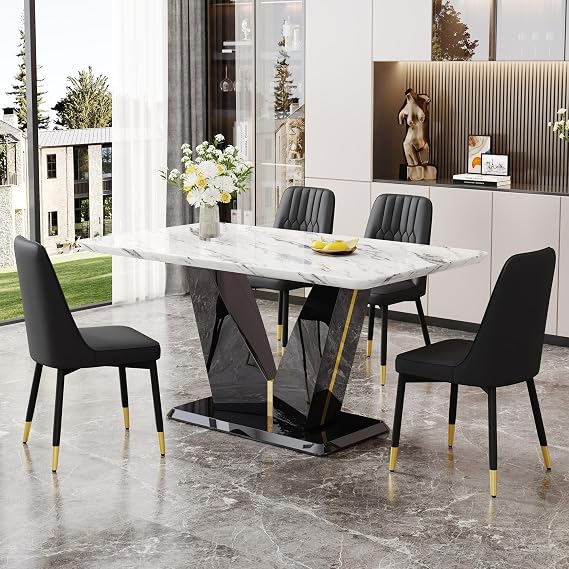 5 Piece Dining Table Set,63" Modern Marble Dining Table Set for 4,White Kitchen Table Set for 4,Rectangle Table and Chairs Set for 4,Faux Marble Tabletop and V-Shaped Base 4 PU Leather Dining Chairs