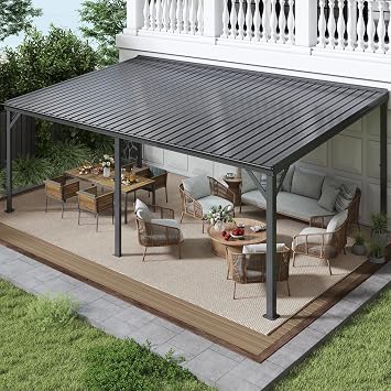 Domi 12'x20' Hardtop Lean to Gazebo with Gutters, Connectable Wall Mounted Gazebo Pergola with Galvanized Steel Roof, 60MPH Wind Resistance, Outdoor Large Metal Canopy, for Patio, Deck, Lawn - Grey