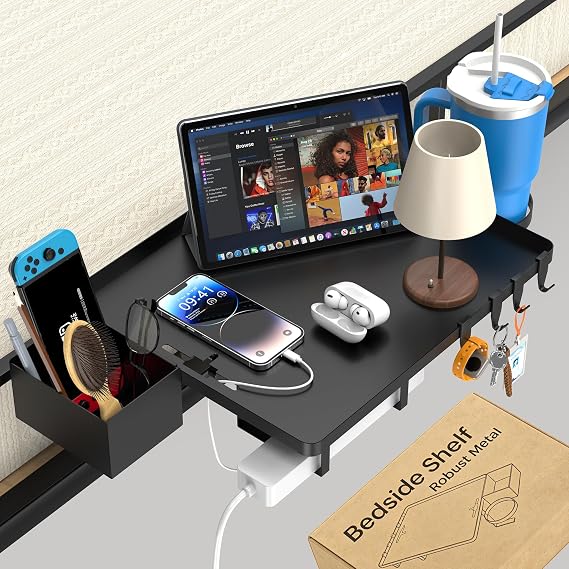 Bedside Shelf, Metal Shelf for Dorm Room Clip On Floating (Black)