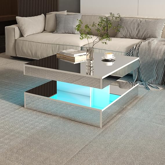 HedoAjim LED Coffee Table with Lights for Living Room Modern Mid Century Square Small Center Table with Storage Shelf Effect 2-Tier Apartment Office Bedroom Waiting Room Reception, Pet