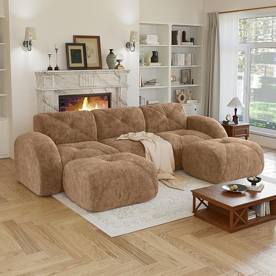 110" Sectional Modular Cloud Couch, Boneless Couch, U-Shape Camel