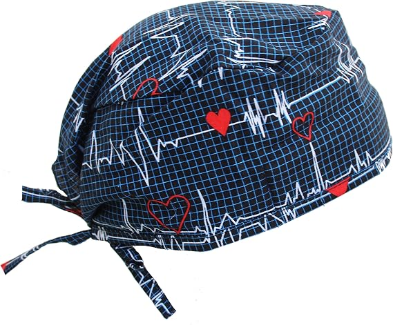 Navy Blue Heart Beat EKG Scrub Cap Doctors Bandana Hat with Adjustable tie