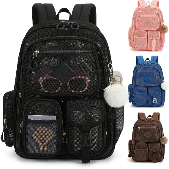 Mesh Backpack Heavy Duty, Semi-Transparent Bag for Women Girls Boys Adults, Large Capacity Bookbag with Padded Straps for School Beach Swimming Sports Travel Work-Black