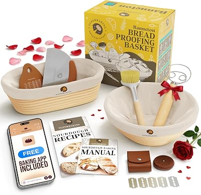 Superbaking Sourdough Proofing Basket Gift Set, Round 9 & Oval 10 Banneton, Sourdough Starter Kit, Sourdough Banneton Basket, Banneton Bread Proofing Basket Set of 2, Sourdough Bread Baking Supplies