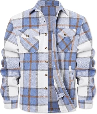 Cromoncent Mens Long Sleeve Thick Flannel Shirt Button Down Plaid Heavyweight Jacket