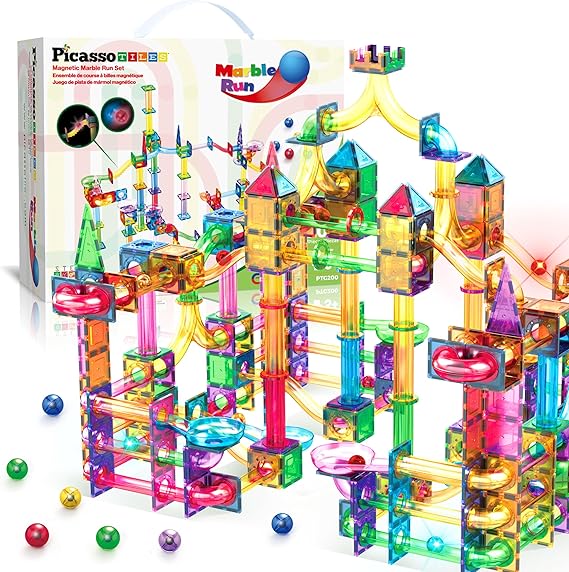 PicassoTiles 200 PCS Picasso Tiles Marble Run LED Race Track Set Ages 3+