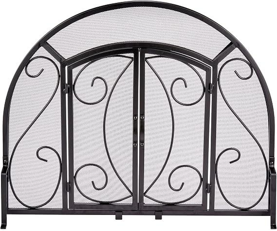 UniFlame Single Panel Black Wrought Iron Ornate Fireplace Screen with Doors | Black, Ornate Styling.