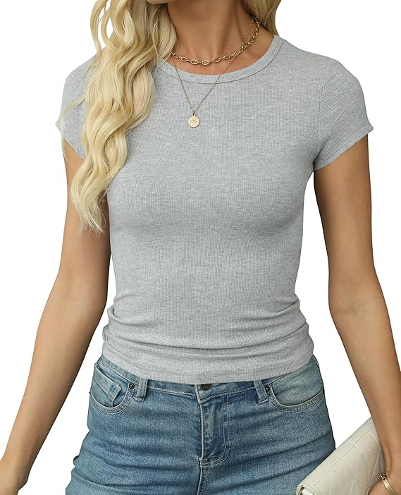 Artfish Women's Short Sleeve Shirts Crewneck Cropped Workout Slim Fitted Ribbed Casual Basic T-Shirts