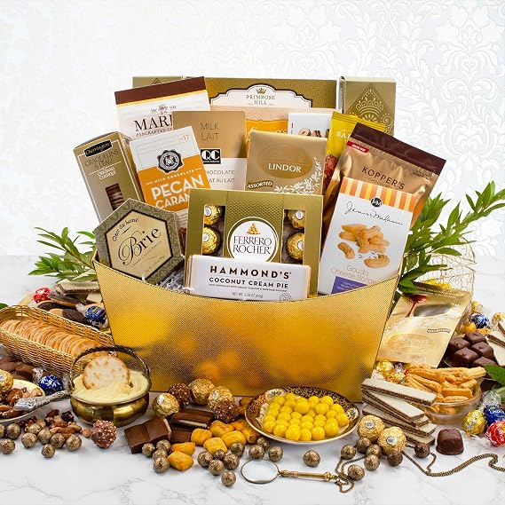 Capalbo's Gourmet Treasures Gift Basket | Gourmet Gift Basket w/ Gouda Cheese Spread, Gouda Cheese Straws, Crackers, Chocolate Truffles, Caramels, Chocolates, Wafers, Pretzel Nuggets, Honey Almonds & More | Gift-Ready Packaging w/ Personalized Message