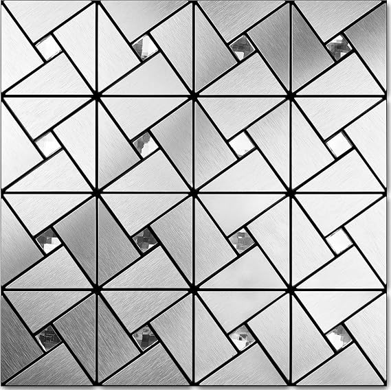 Vamos Tile Silver Mixed Glass Peel and Stick Backsplash Tile | Metal Tile 10 Sheets 12"x12" Windmill Puzzle Stick on Backsplash for Kitchen and Bathroom Self Adhesive Mosaic Tiles
