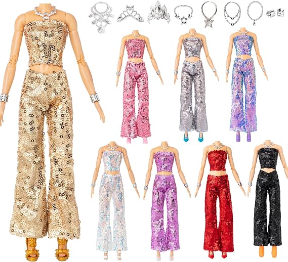 38-Piece Sequin Suit & Dress Set for 11.5 Inch Dolls | 8 sequin suits, 10 mini dresses, 10 shoes & 10 jewelry pieces for sparkly party, fashion show and dress-up styling.