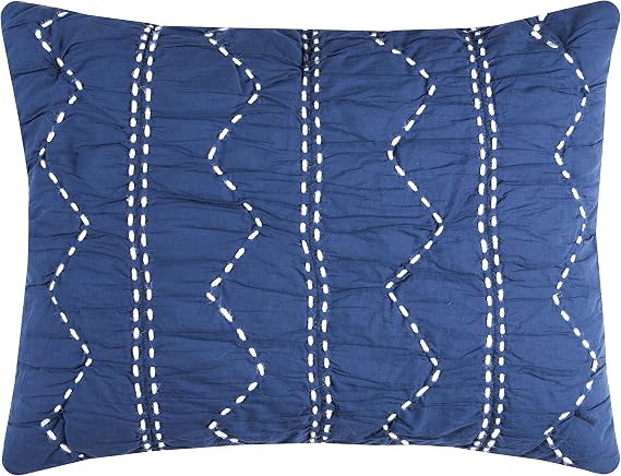 Rizzy Home | BQ4171 | Standard Sham | 20"x26" Blue/White/Nuetral Solid With Cotton Vertical Stripe