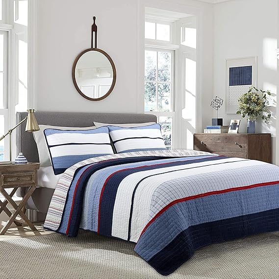 Cozy Line Home Fashions Navy Blue Red Striped Boy 100% Cotton Reversible Quilt Bedding Set, All-Season Coverlet Bedspread (Berlin, Twin - 2 Piece)