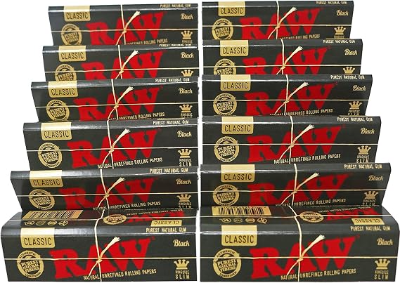 RAW Classic Black King Size Slim Natural Unrefined Ultra Thin 110mm Rolling Papers (12 Packs)