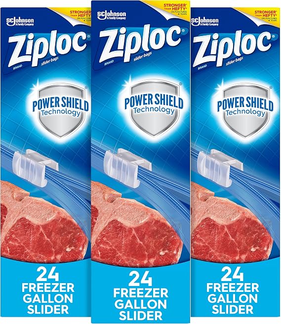 Ziploc Slider Freezer Bags, Power Shield Technology, Gallon, 24 Count, Pack of 3 (72 Total Bags)
