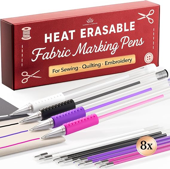 Lange & Konig 4x Heat Erasable Fabric Marking Pens for Sewing - 4 Pens + 8 Refills - Sewing Supplies Quilting Supplies Table Accessories Embroidery Pen Tailors Chalk Alternative